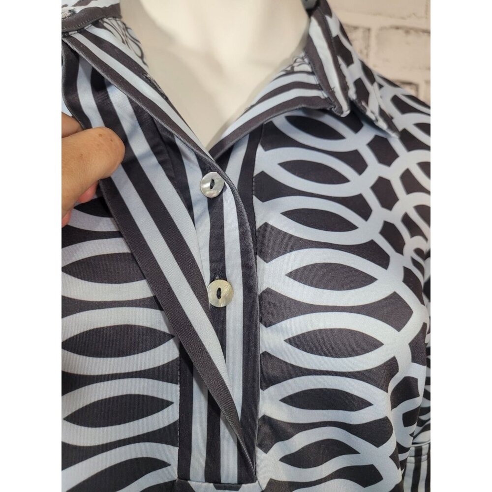 Gretchen Scott Collared Geometric Gray Blue Contract 3/4 Sleeve Dress Size Med - Picture 4 of 8